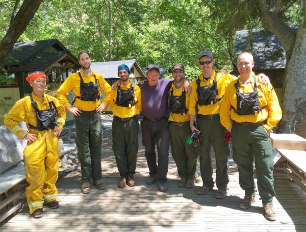 Meeting on the bridge: Fire crew members Hiro Ikushima, Benson Canfield, Bradley Higbie, Joe Rawitzer, Kogen Dito-Keith, Aaron Erb, and Jordan Montgomery. Photo: Greg Fain