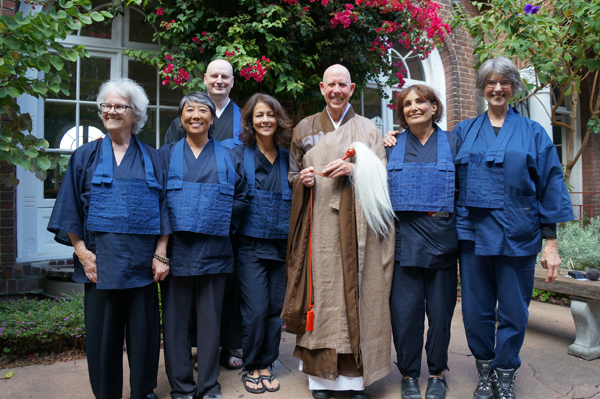 Abbot Rinso Ed Sattizahn with six students he lay ordained last Saturday in a Jukai Ceremony at City Center. L to R: Meredith Bruce, Trudy Tang, Kristopher Thomson, Celeste Perry, Ed, Jeri Marlow, Abby Wasserman. (Photo: Marcus Marchesseault.)