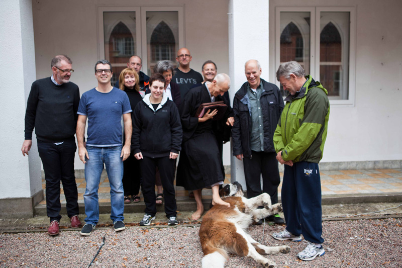 Paul with with Cooper the St. Bernard and students after a sesshin in August 2014 at Benburb.