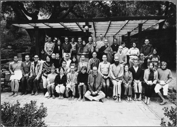 Group of students at Tassajara in the fall 1967, with Suzuki Roshi (center) and Kobun Chino Roshi (behind). If you were there too, can you spot Dot? (Photo by Minoru Aoki.)