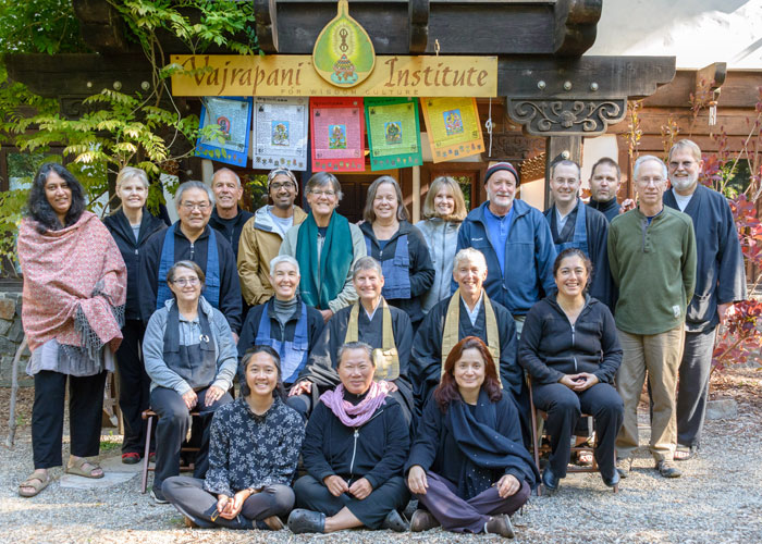 The sangha at Vajrapani Institute, a local Buddhist retreat center in the redwoods, with Misha Merrill (center) and Jill Kaplan (center right).
